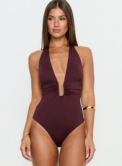 Leave Me Alone Plunge Halter Bodysuit Burgundy