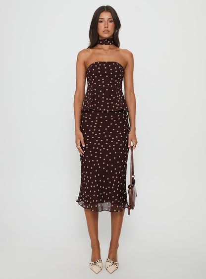 Sydni Scarf Detail Strapless Top Chocolate / Pink Polka Dot