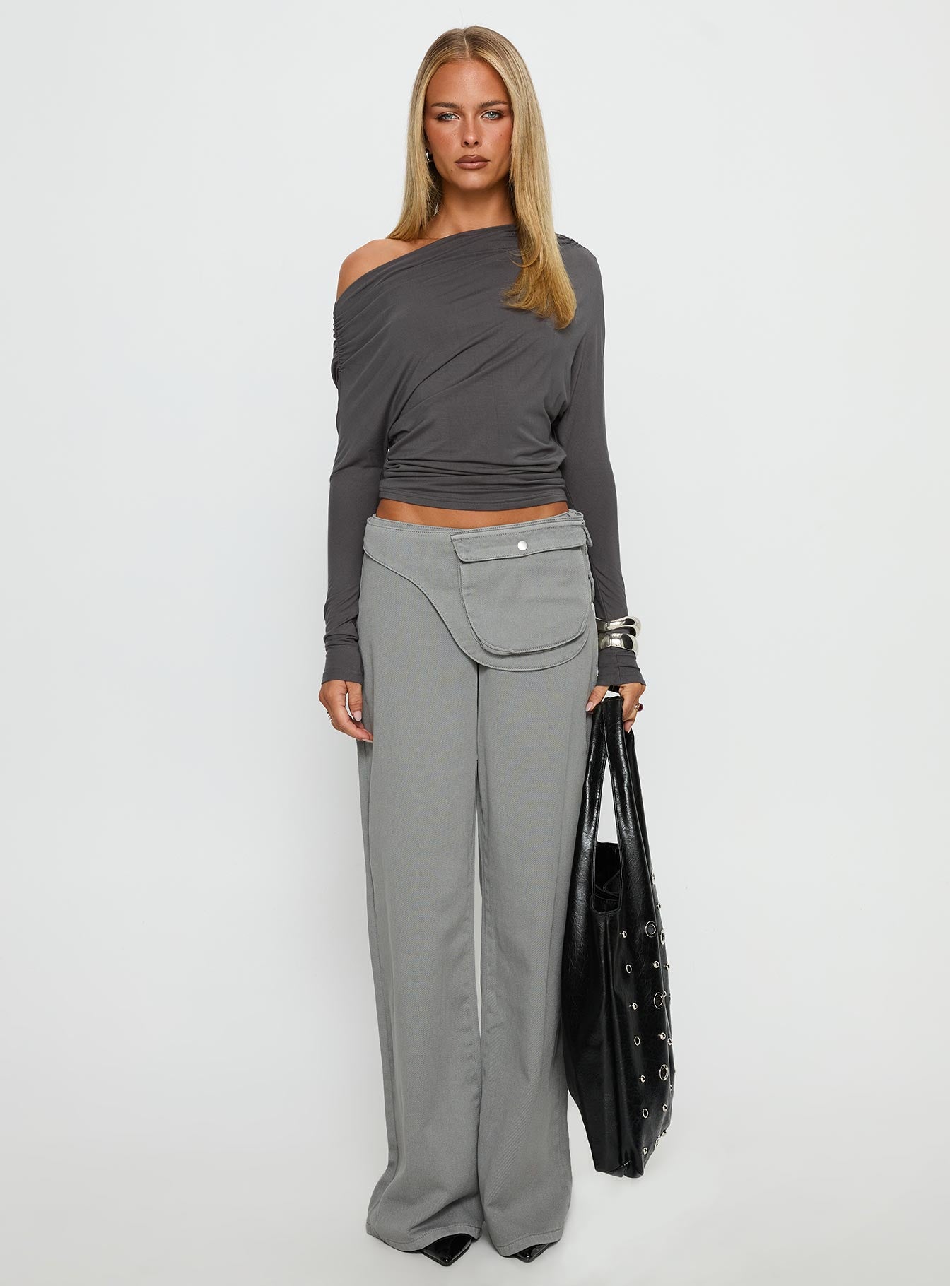 Party Hour Off Shoulder Top Charcoal