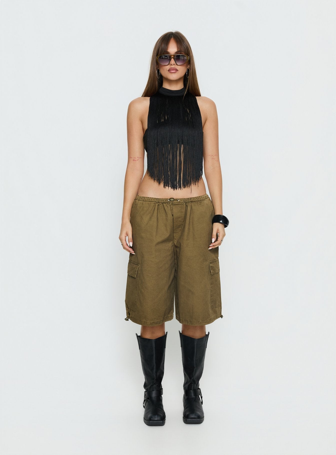 Zephyrine Fringe Asymmetrical Halter Top Black