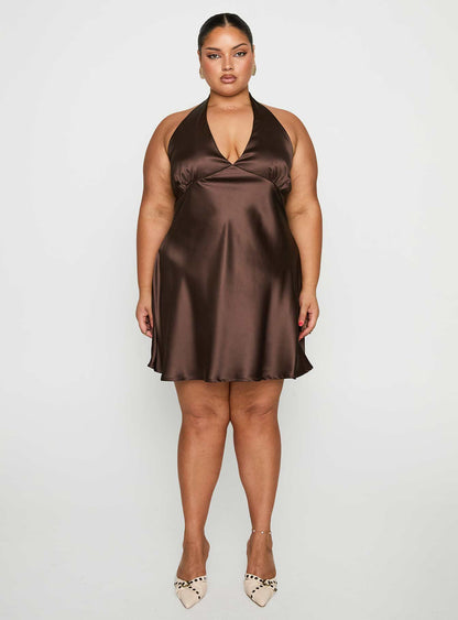 Pelagia Halter Scarf Tie Mini Dress Brown Curve