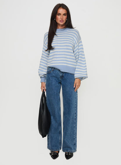 Harmony Balloon Sleeve Knit Sweater Blue / White Stripe