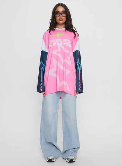 Revival Moto Long Sleeve Jersey Top Pink