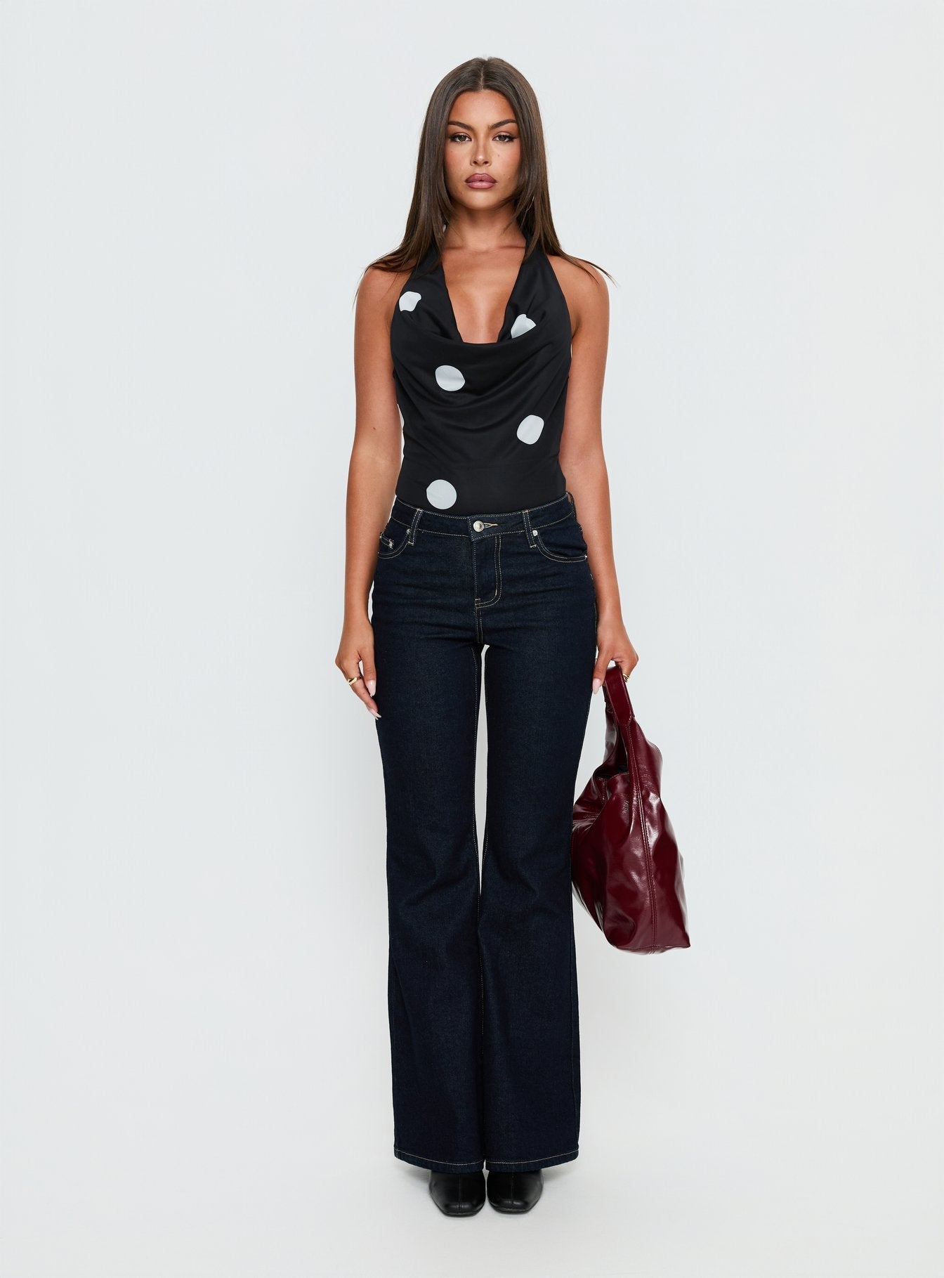 Cleona Plunge Neck Bodysuit Black Polka