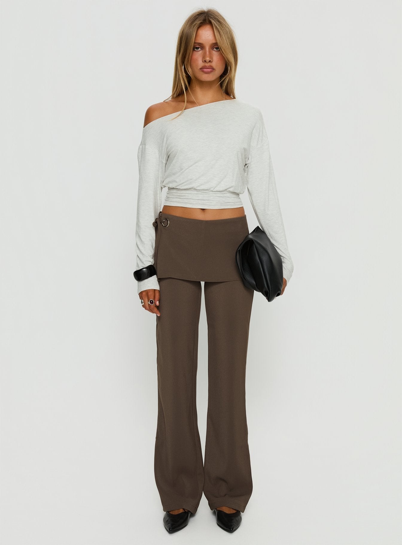 Ashlinn Off Shoulder Long Sleeve Drapey Top Grey Marle