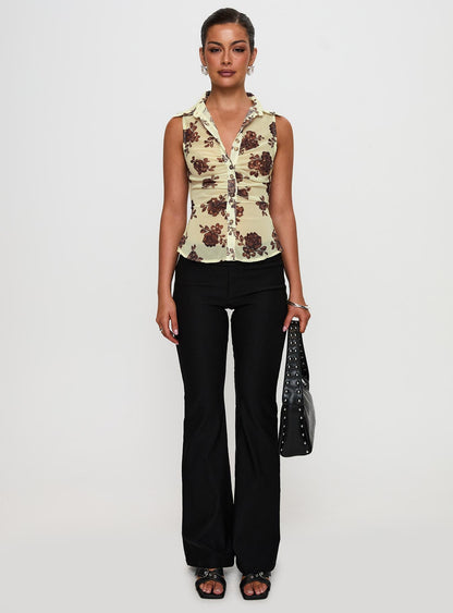 Present Tense Sheer Ruched Top Yellow Floral