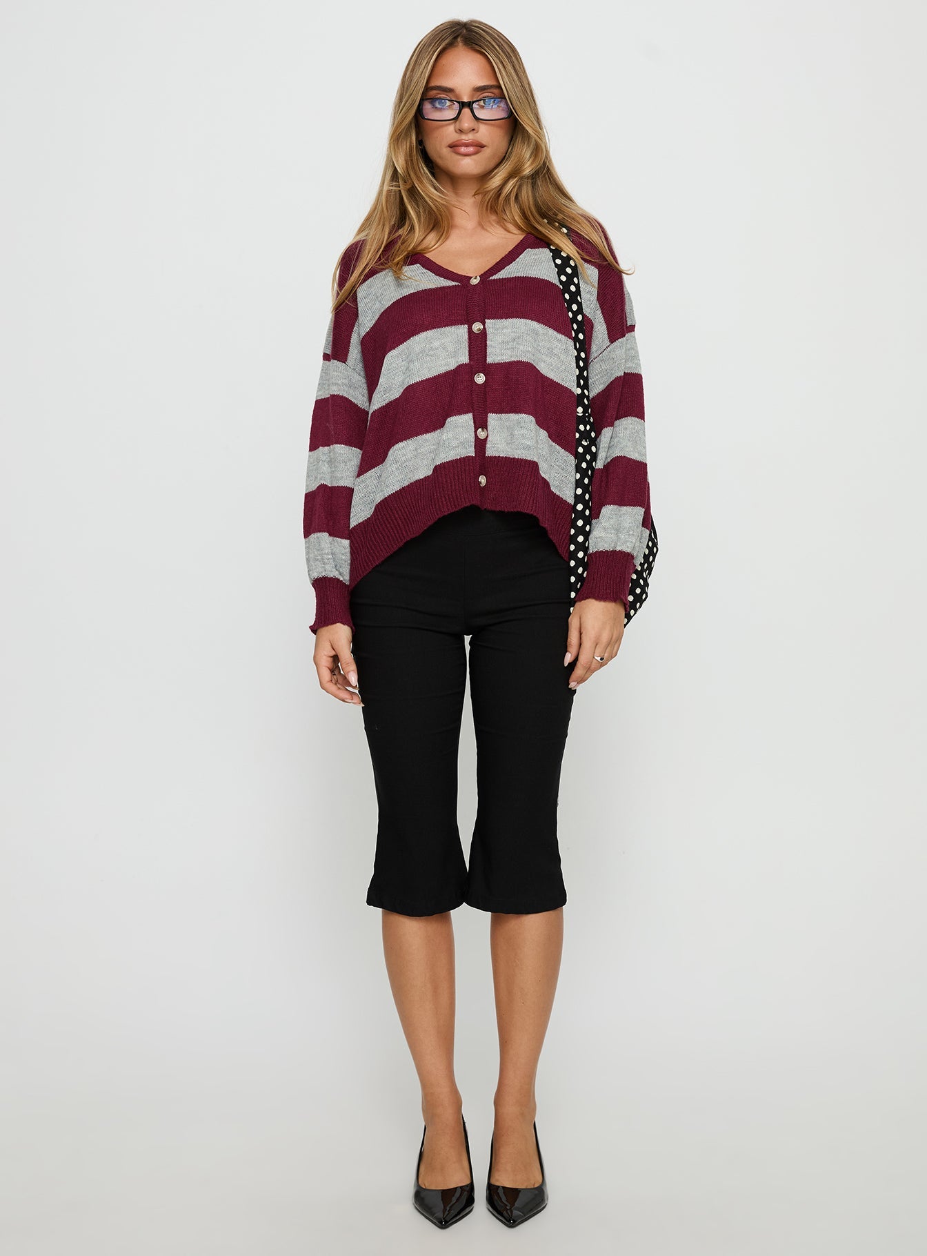 Devvon V Neck Knit Cardigan Red Stripe