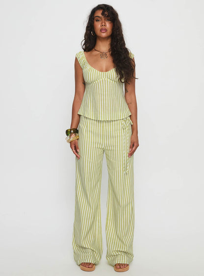 With Pleasure Puff Sleeve Linen Blouse Top Green / Blue Stripe