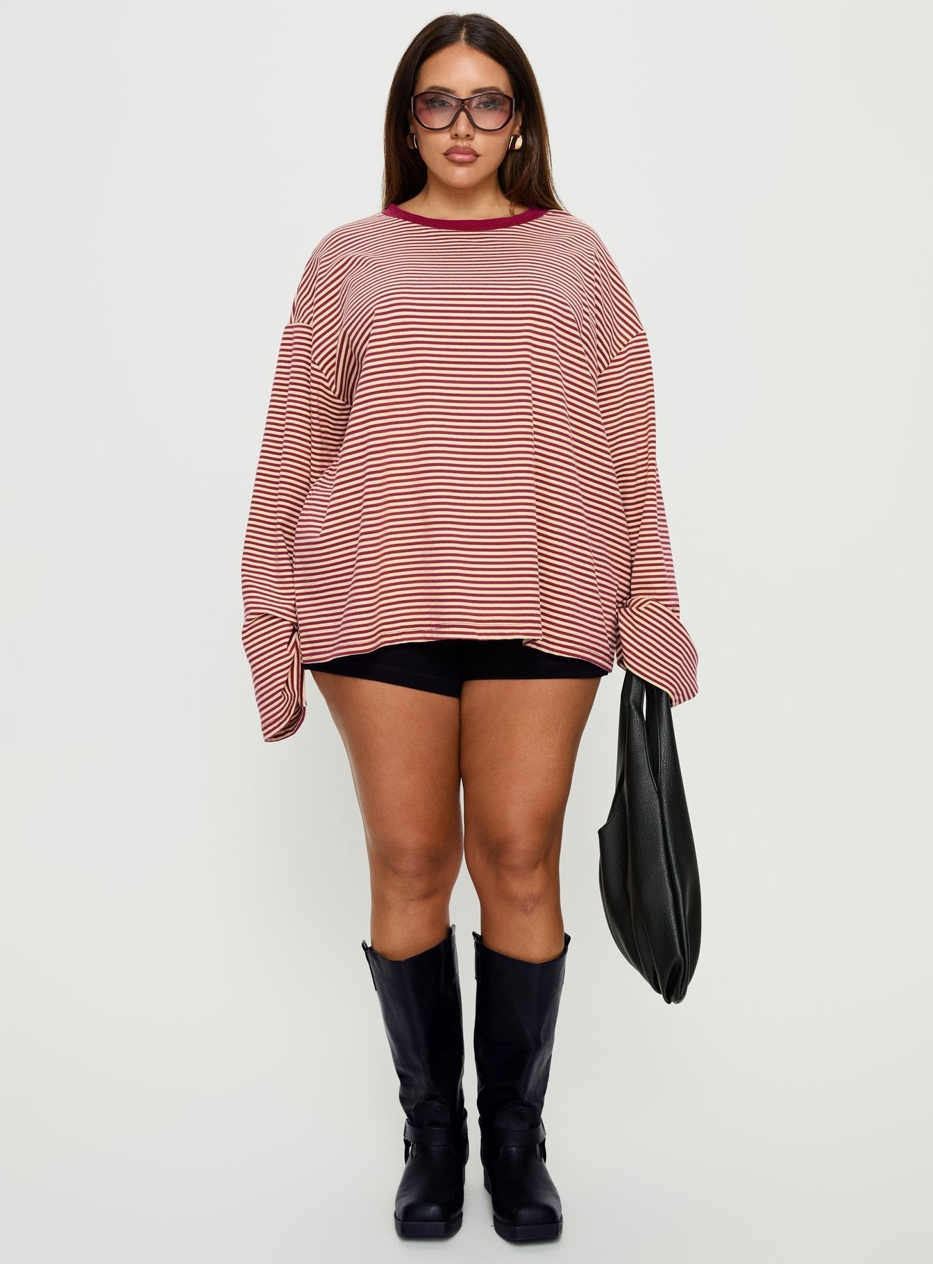 Settle Down Long Sleeve Top Lemon / Burgundy Stripe Curve