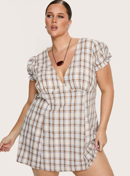 Mystee Plunge Neck Playsuit Blue Check Curve