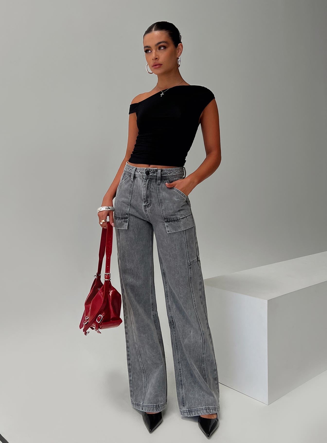 Chad High Rise Flared Cargo Jeans Washed Grey