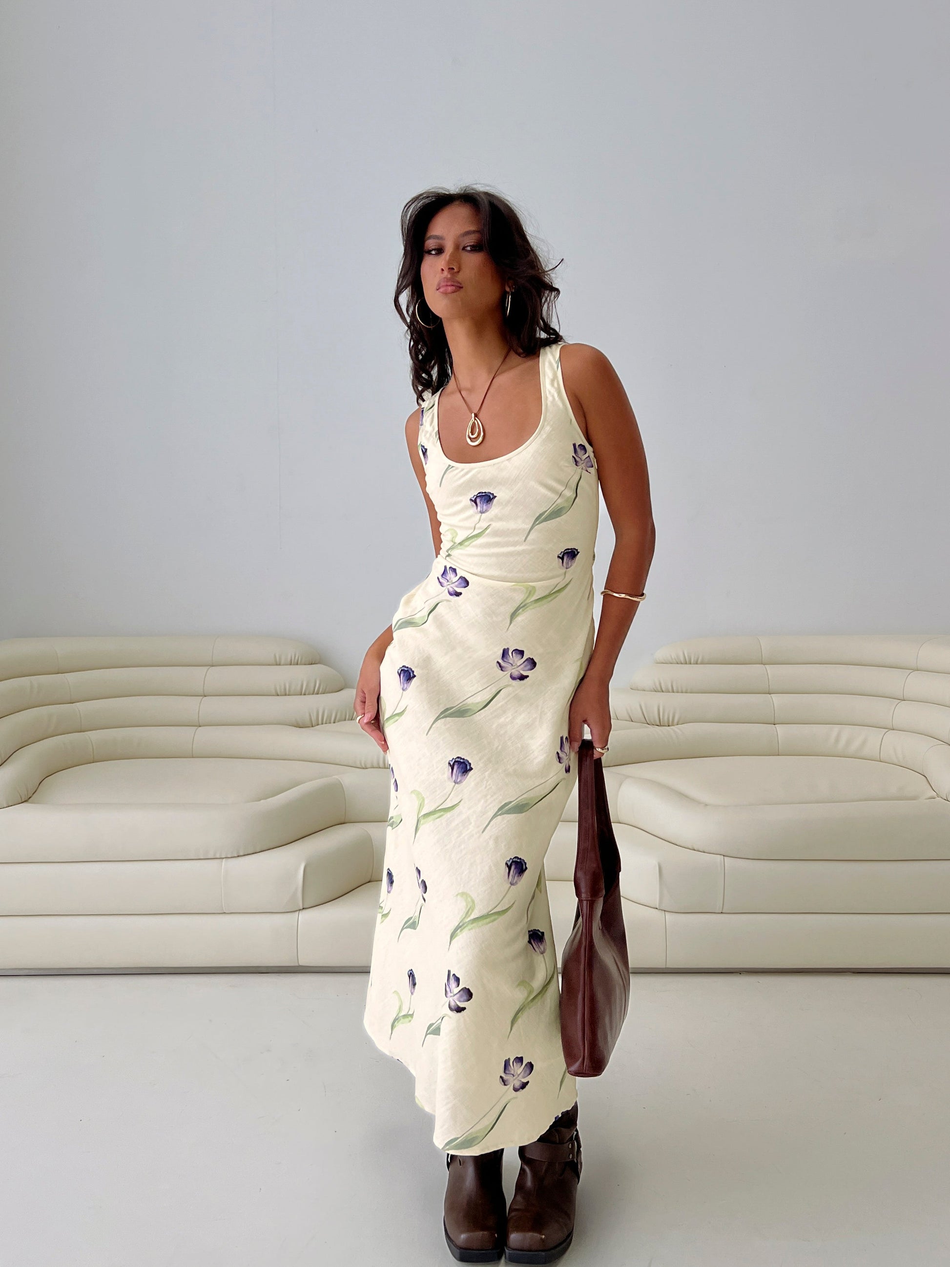 Jessabelle Linen Blend Midi Dress Cream Floral