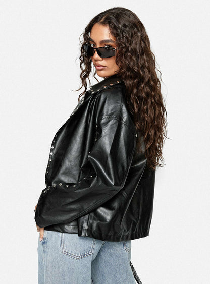 Kaeden Faux Leather Stud Detail Biker Jacket Black