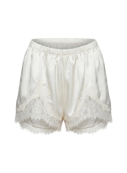 Parisse Satin Lace Trim Shorts Off White
